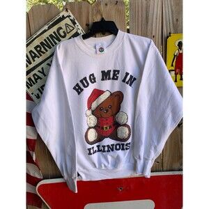White vintage 90s sweatshirt with "Hug Me In Illinois" Christmas teddy bear L